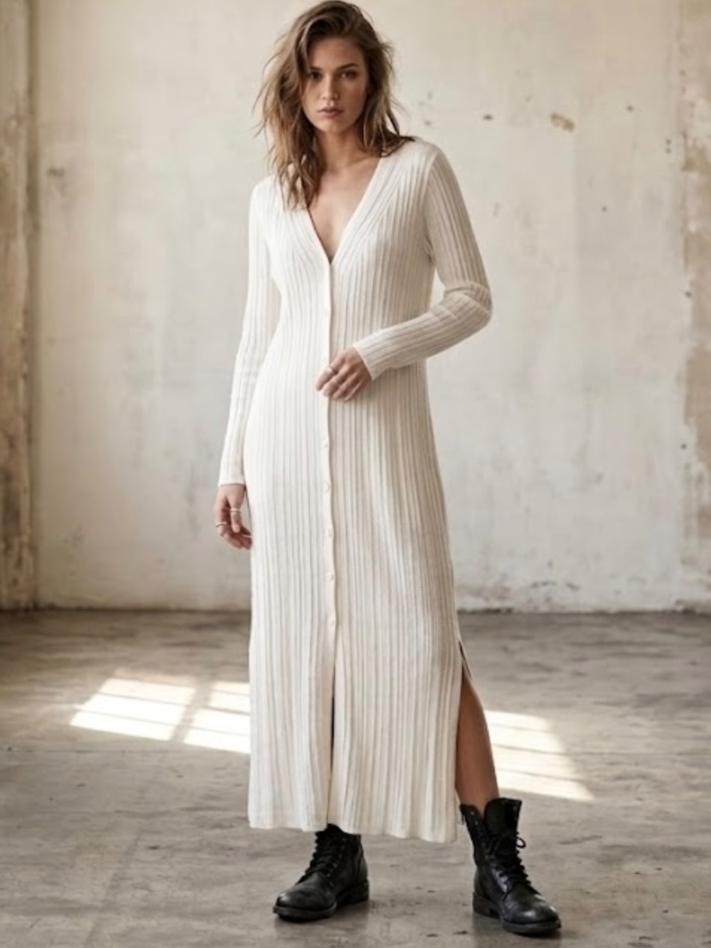 Skull Cashmere Allison Long Slub Linen Ribbed Duster Cardigan Layering Size M